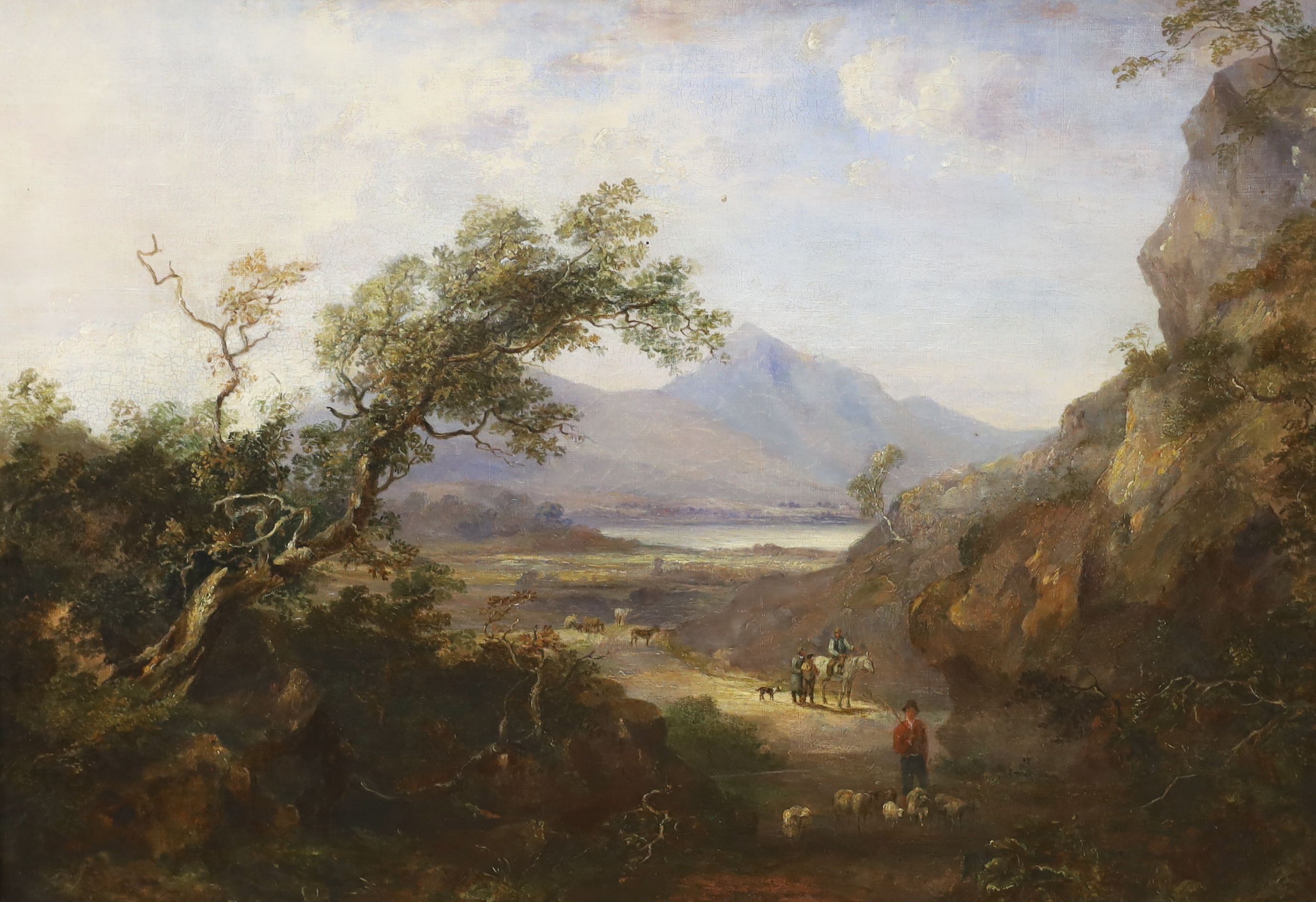 Victorian School, oil on canvas, Shepherd and cattle drovers in a landscape, 50 x 72cm